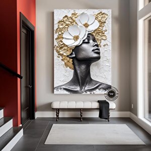 Çiçekli Siyahi Kadın Portresi, Afro-amerikan Sanat, Güzellik Ve Kadın Dekoru 120x180 cm