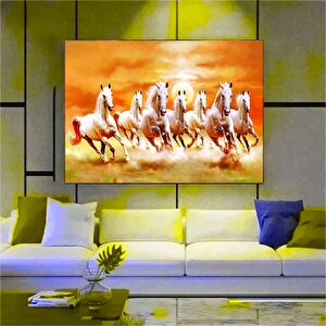 Yedi Koşan Beyaz At Tuval Baskısı, Sanat Altın Renk Baskı, Oturma Odası İçin Modern Duvar Sanatı