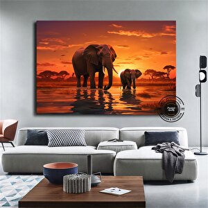 Fil Ailesi Tuval Duvar Sanatı, Fil Sanat Baskısı, Afrika Hayvanları Duvar Dekoru 90x180 cm