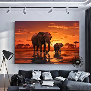 Fil Ailesi Tuval Duvar Sanatı, Fil Sanat Baskısı, Afrika Hayvanları Duvar Dekoru