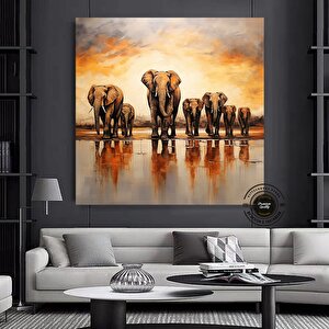 Fil Ailesi Kanvas Tablosu, Büyük Boy Afrika Filleri Temalı Duvar Sanatı 100x100 cm