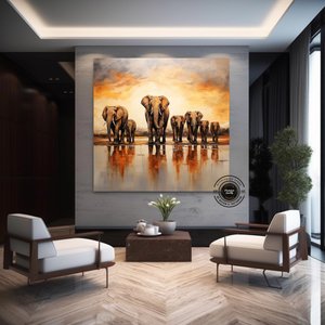 Fil Ailesi Kanvas Tablosu, Büyük Boy Afrika Filleri Temalı Duvar Sanatı 100x100 cm