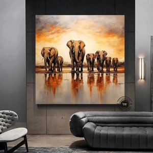 Fil Ailesi Kanvas Tablosu, Büyük Boy Afrika Filleri Temalı Duvar Sanatı 100x100 cm