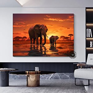 Fil Ailesi Tuval Duvar Sanatı, Fil Sanat Baskısı, Afrika Hayvanları Duvar Dekoru 60x120 cm