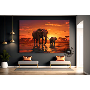 Fil Ailesi Tuval Duvar Sanatı, Fil Sanat Baskısı, Afrika Hayvanları Duvar Dekoru 60x120 cm