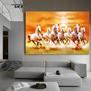 Yedi Koşan Beyaz At Tuval Baskısı, Sanat Altın Renk Baskı, Oturma Odası İçin Modern Duvar Sanatı 120x180 cm