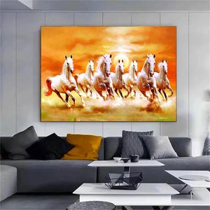Yedi Koşan Beyaz At Tuval Baskısı, Sanat Altın Renk Baskı, Oturma Odası İçin Modern Duvar Sanatı 120x180 cm