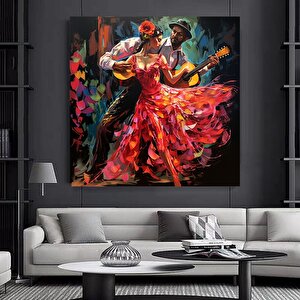 Gitar Çalan Çift Tablosu, Renkli Kanvas Duvar Dekoru 80x80 cm