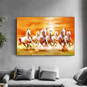Yedi Koşan Beyaz At Tuval Baskısı, Sanat Altın Renk Baskı, Oturma Odası İçin Modern Duvar Sanatı
