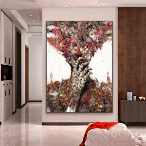 Çiçekli Kadın Kanvas; Soyut Çiçek Kadın Tablosu; Gül Başlı Kadın Sanatı 140x200 cm