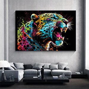 Renkli Soyut Jaguar Tablosu, Boya Sıçramalı Büyük Kedi Orman Duvar Sanatı
