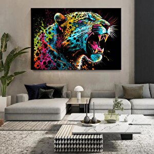 Renkli Soyut Jaguar Tablosu, Boya Sıçramalı Büyük Kedi Orman Duvar Sanatı