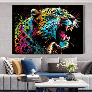 Renkli Soyut Jaguar Tablosu, Boya Sıçramalı Büyük Kedi Orman Duvar Sanatı