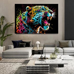 Renkli Soyut Jaguar Tablosu, Boya Sıçramalı Büyük Kedi Orman Duvar Sanatı