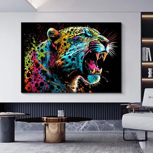 Renkli Soyut Jaguar Tablosu, Boya Sıçramalı Büyük Kedi Orman Duvar Sanatı 60x90 cm