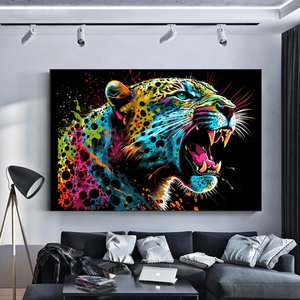 Renkli Soyut Jaguar Tablosu, Boya Sıçramalı Büyük Kedi Orman Duvar Sanatı 60x90 cm