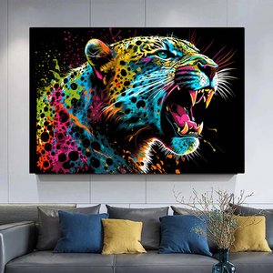 Renkli Soyut Jaguar Tablosu, Boya Sıçramalı Büyük Kedi Orman Duvar Sanatı 60x90 cm
