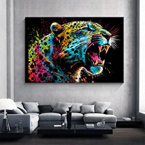 Renkli Soyut Jaguar Tablosu, Boya Sıçramalı Büyük Kedi Orman Duvar Sanatı