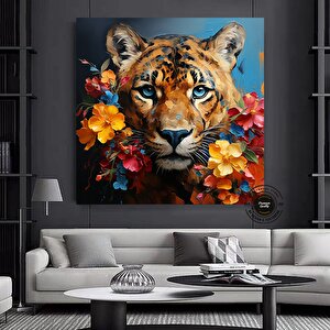 Leopar Ve Çiçek Sanat Baskısı, Leopar Duvar Sanatı, Modern Ev Dekoru, Asmaya Hazır Kanvas Baskı 80x80 cm