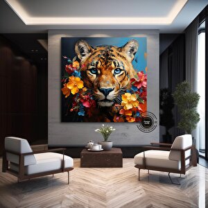 Leopar Ve Çiçek Sanat Baskısı, Leopar Duvar Sanatı, Modern Ev Dekoru, Asmaya Hazır Kanvas Baskı 80x80 cm