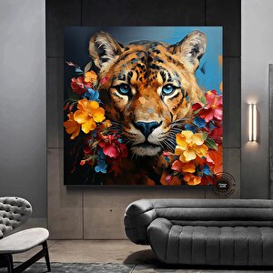 Leopar Ve Çiçek Sanat Baskısı, Leopar Duvar Sanatı, Modern Ev Dekoru, Asmaya Hazır Kanvas Baskı 100x100 cm