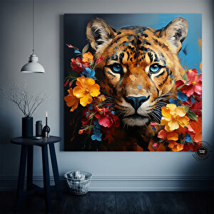 Leopar Ve Çiçek Sanat Baskısı, Leopar Duvar Sanatı, Modern Ev Dekoru, Asmaya Hazır Kanvas Baskı