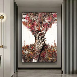 Çiçekli Kadın Kanvas; Soyut Çiçek Kadın Tablosu; Gül Başlı Kadın Sanatı 100x200 cm