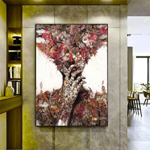 Çiçekli Kadın Kanvas; Soyut Çiçek Kadın Tablosu; Gül Başlı Kadın Sanatı