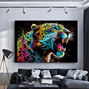 Renkli Soyut Jaguar Tablosu, Boya Sıçramalı Büyük Kedi Orman Duvar Sanatı 80x150 cm