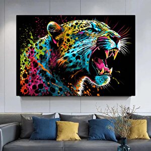 Renkli Soyut Jaguar Tablosu, Boya Sıçramalı Büyük Kedi Orman Duvar Sanatı 80x150 cm