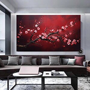 Kırmızı Çiçekli Sakura Kanvas Tablo – Asya Tarzı Duvar Dekoru – Oturma Odası 60x120 cm