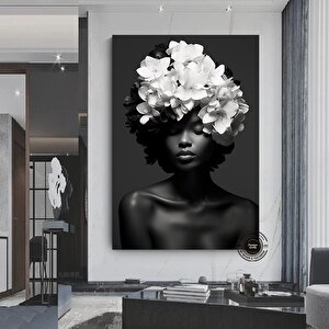 Çiçekli Siyah Kadın Portresi Kanvas; Güzellik Temalı 100x150 cm