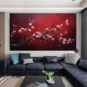 Kırmızı Çiçekli Sakura Kanvas Tablo – Asya Tarzı Duvar Dekoru – Oturma Odası