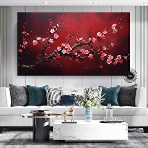 Kırmızı Çiçekli Sakura Kanvas Tablo – Asya Tarzı Duvar Dekoru – Oturma Odası 30x60 cm