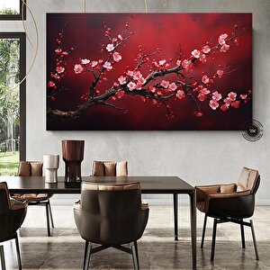 Kırmızı Çiçekli Sakura Kanvas Tablo – Asya Tarzı Duvar Dekoru – Oturma Odası 40x80 cm