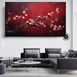 Kırmızı Çiçekli Sakura Kanvas Tablo – Asya Tarzı Duvar Dekoru – Oturma Odası