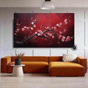 Kırmızı Çiçekli Sakura Kanvas Tablo – Asya Tarzı Duvar Dekoru – Oturma Odası