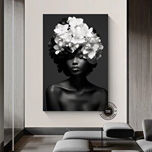 Çiçekli Siyah Kadın Portresi Kanvas; Güzellik Temalı 30x40 cm