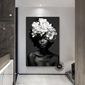 Çiçekli Siyah Kadın Portresi Kanvas; Güzellik Temalı 30x40 cm