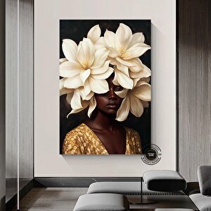 Çiçekli Siyah Kadın Başlı Duvar Sanatı, Afro-amerikan Sanatı, Siyah Sanat, Siyahi Kız Baskısı 70x100 cm