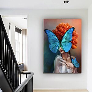Çiçek Kanvas; Sürrealist Duvar Sanatı; Soyut Kadın Duvar Dekoru; Soyut Duvar Dekoru; Kadın Ve Kelebe 80x120 cm