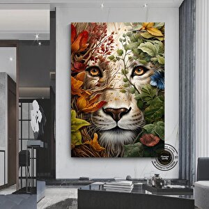 Çiçekler İçinde Aslan Kanvas Tablosu | Çerçeveli Hayvan Posteri 140x200 cm
