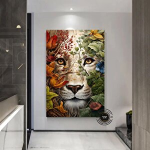 Çiçekler İçinde Aslan Kanvas Tablosu | Çerçeveli Hayvan Posteri 140x200 cm