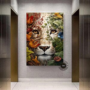 Çiçekler İçinde Aslan Kanvas Tablosu | Çerçeveli Hayvan Posteri 140x200 cm