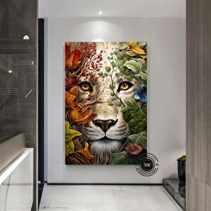 Çiçekler İçinde Aslan Kanvas Tablosu | Çerçeveli Hayvan Posteri 30x40 cm