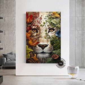 Çiçekler İçinde Aslan Kanvas Tablosu | Çerçeveli Hayvan Posteri
