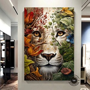 Çiçekler İçinde Aslan Kanvas Tablosu | Çerçeveli Hayvan Posteri