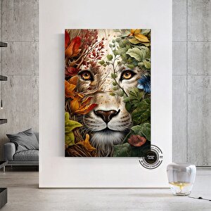 Çiçekler İçinde Aslan Kanvas Tablosu | Çerçeveli Hayvan Posteri