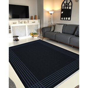 Yıkanabilir Salon Halısı – Lacivert; Açık Mavi; Siyah – Çizgili Desen, Makinede Yıkanabilir, Kolay Temizlenebilir, Toz Ve Tüy Tutmaz, Kaymaz, Evcil Hayvan Dostu 150x150 cm