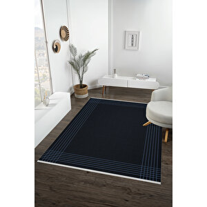 Yıkanabilir Salon Halısı – Lacivert; Açık Mavi; Siyah – Çizgili Desen, Makinede Yıkanabilir, Kolay Temizlenebilir, Toz Ve Tüy Tutmaz, Kaymaz, Evcil Hayvan Dostu 150x150 cm